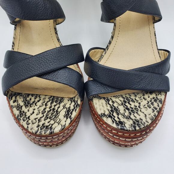 Colin Stuart Leather Cross Strap Faux Snakeskin Stacked Platform Heel Sandal - Picture 4 of 10